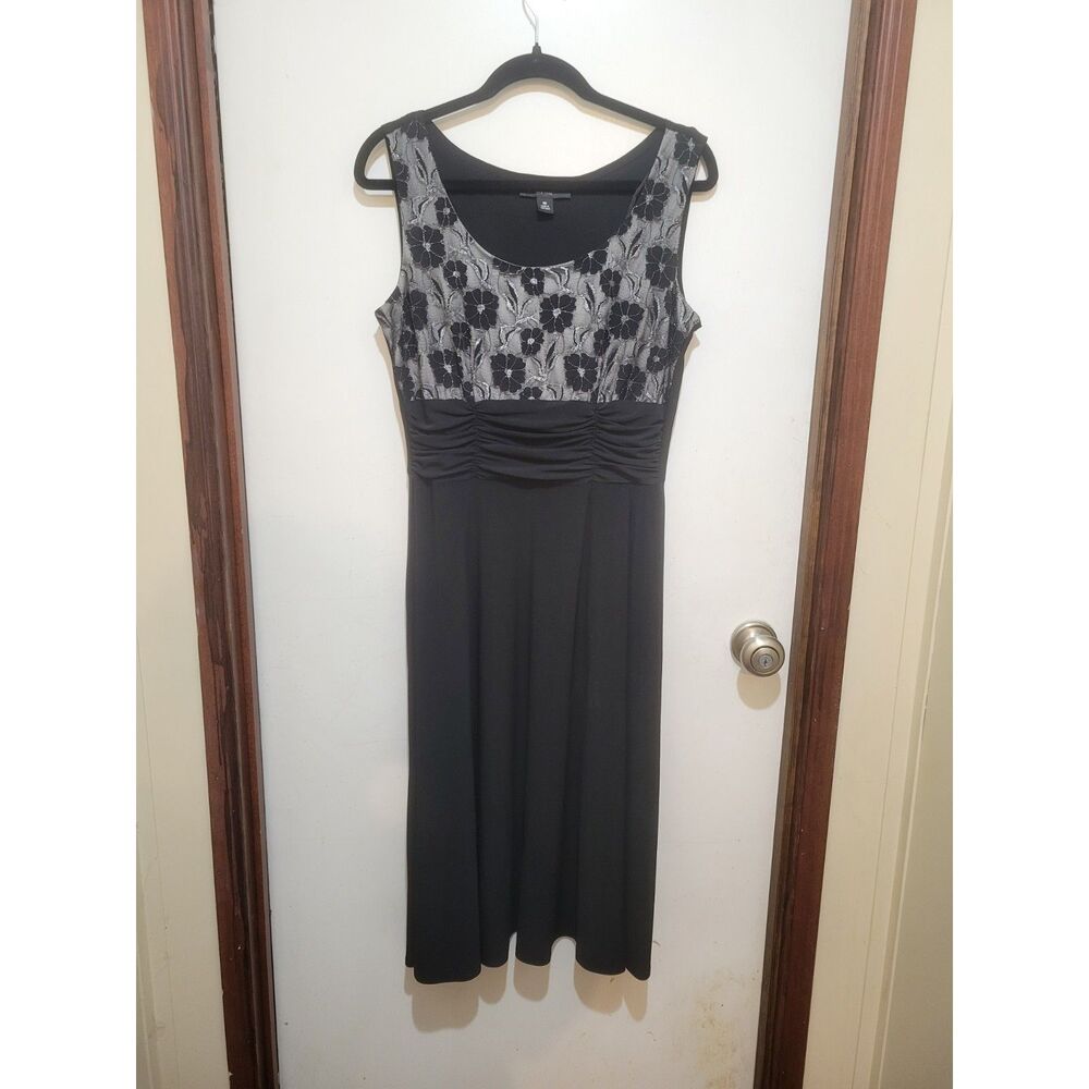 Perceptions New York Metallic Floral Lace A-Line Dress Black Silver 10